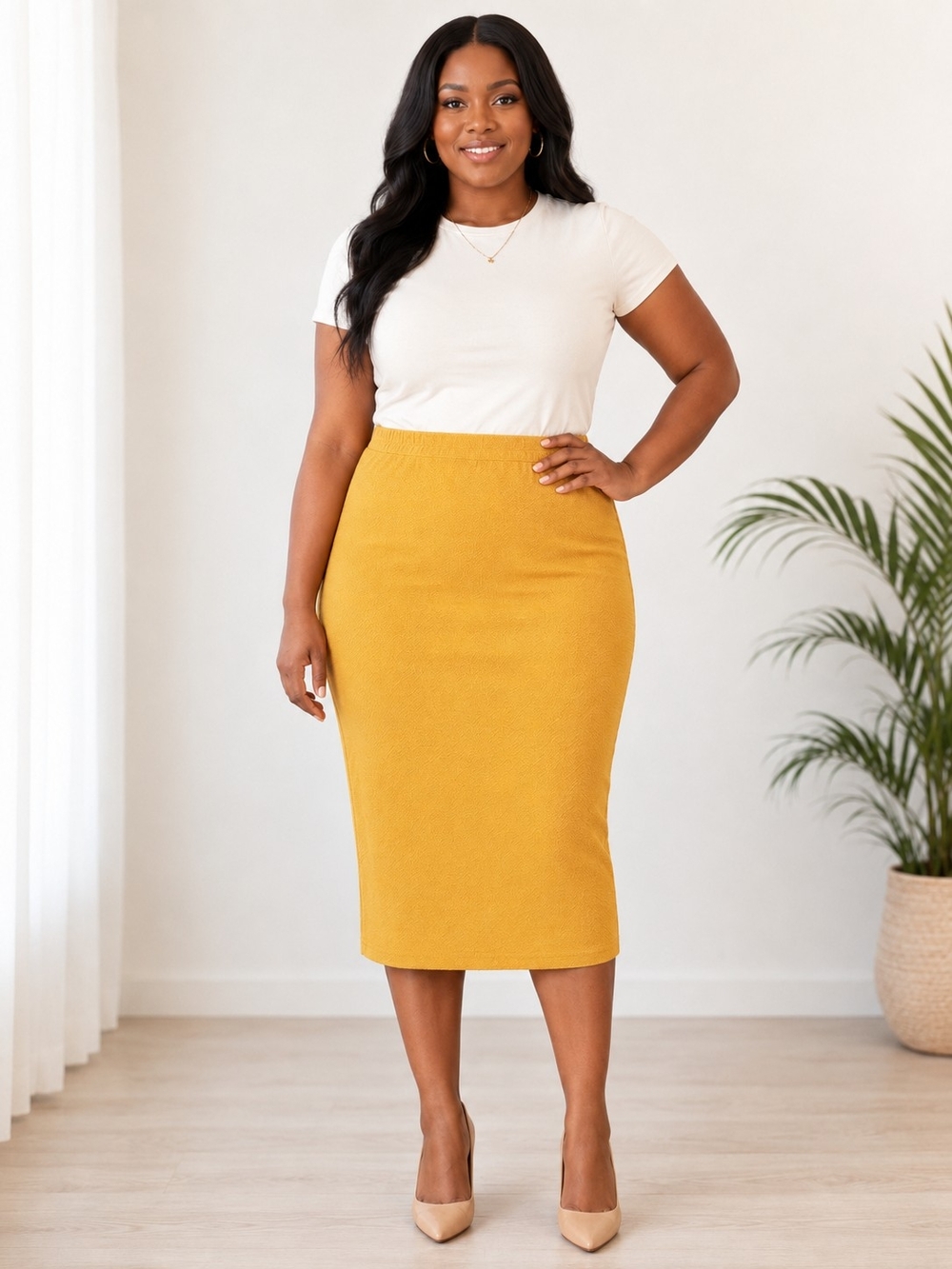 Ashley Stewart Mustard Textured Stretch Midi Skirt Size 12 NWT